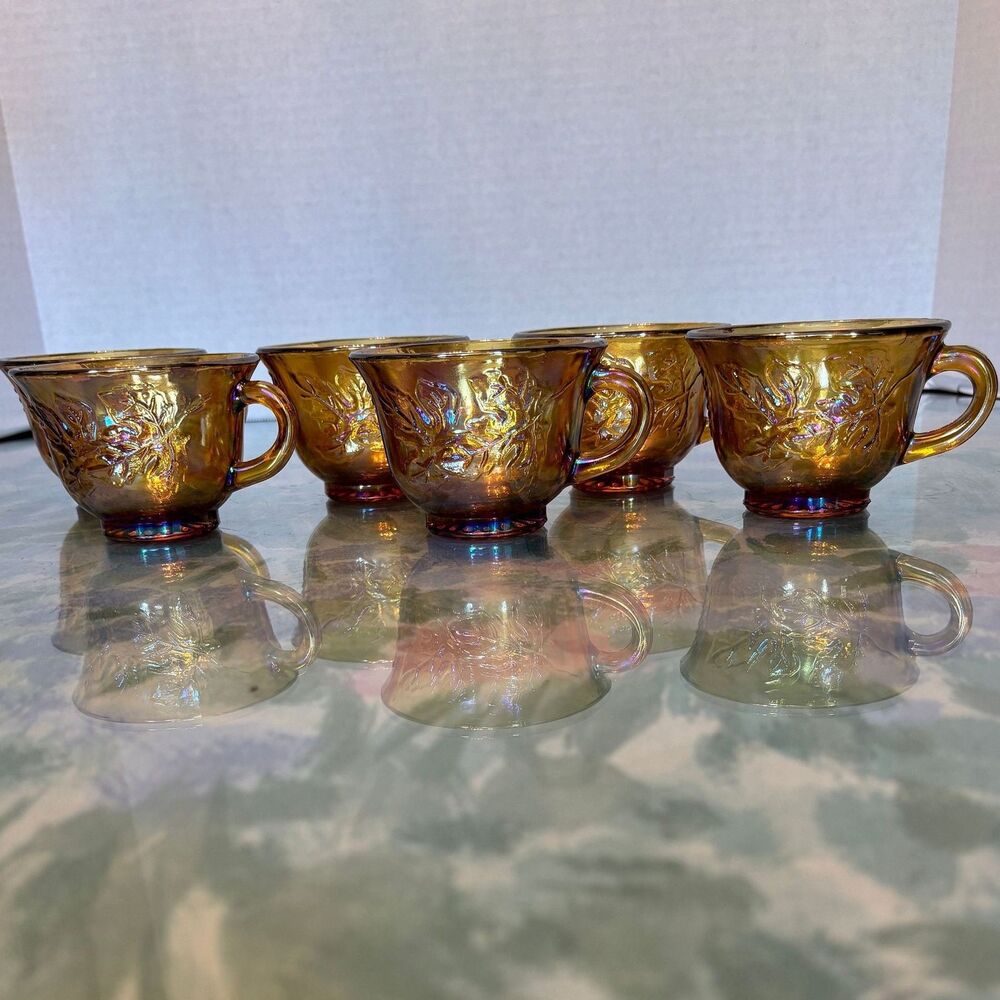 2 Indiana Glass Iridescent Gold Carnival Glass Harvest Grape Punch Bowl Mugs